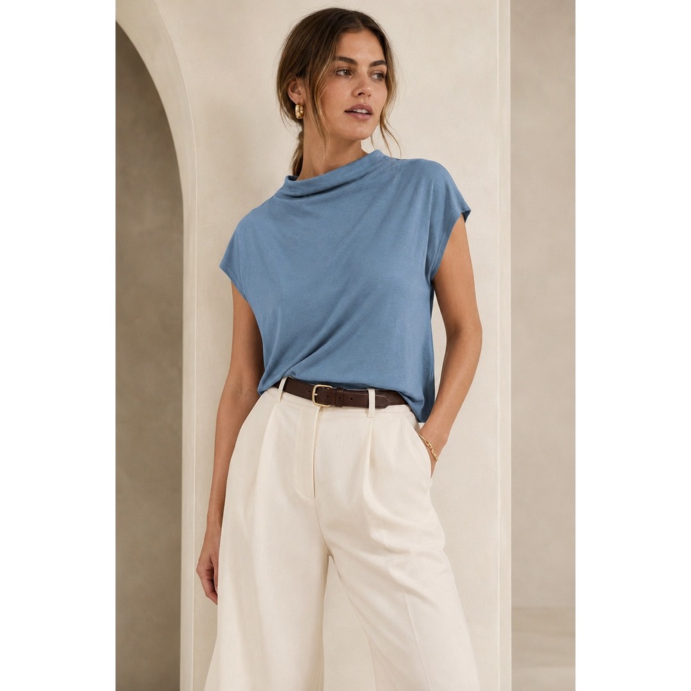 Banana Republic NWT Short Sleeve Silky Cotton Cowl Neck Top Misty Moonlight- XXL